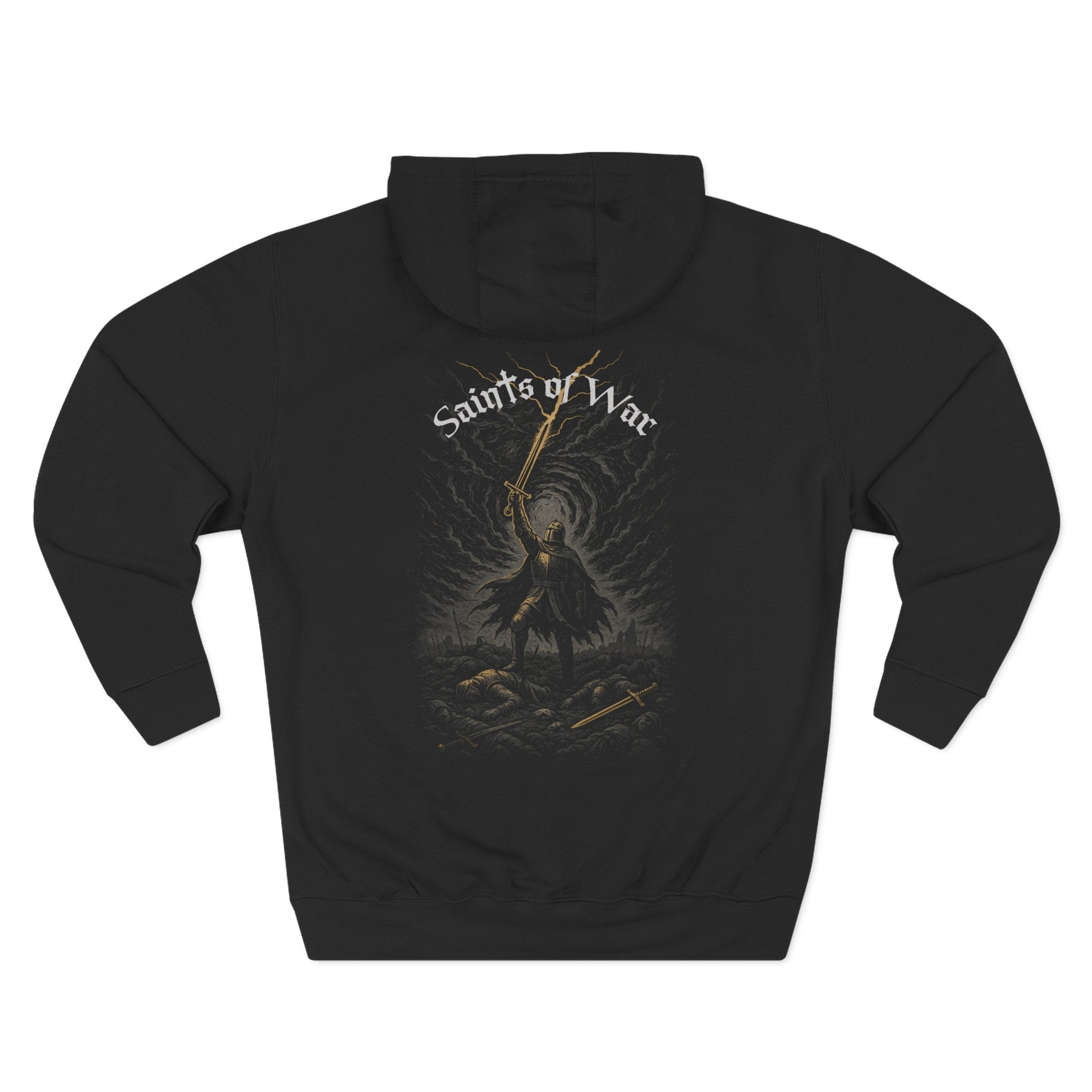 Black hoodie with 'Saints of War' graphic design on a white background